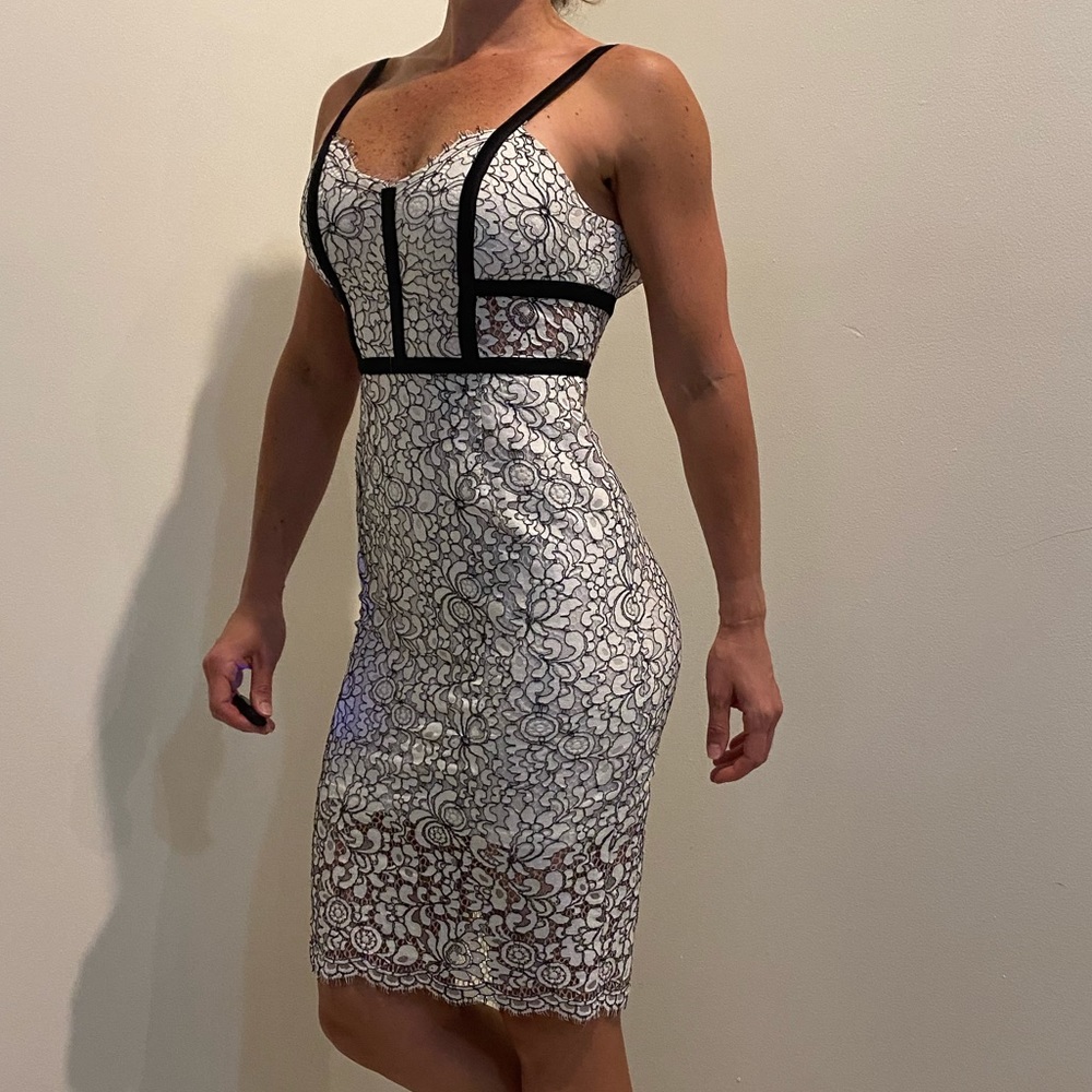 Express black & off white lace cocktail midi dress